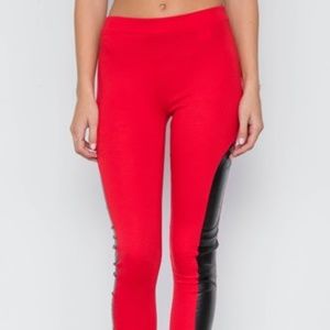 Faux Leather Sides mid-rise Pants Red